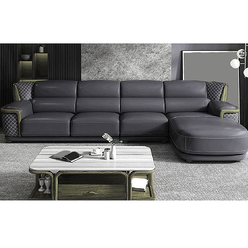 Genuine Leather Sectional Grey Cushion Back Sofa and Chaise for Living Room