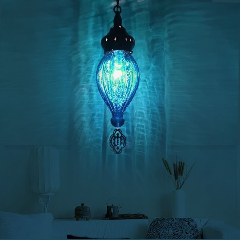 Traditional Droplet Hanging Lamp Blue/Green/Taupe Ribbed Glass 1/4 Bulbs Suspension Light for Bedroom