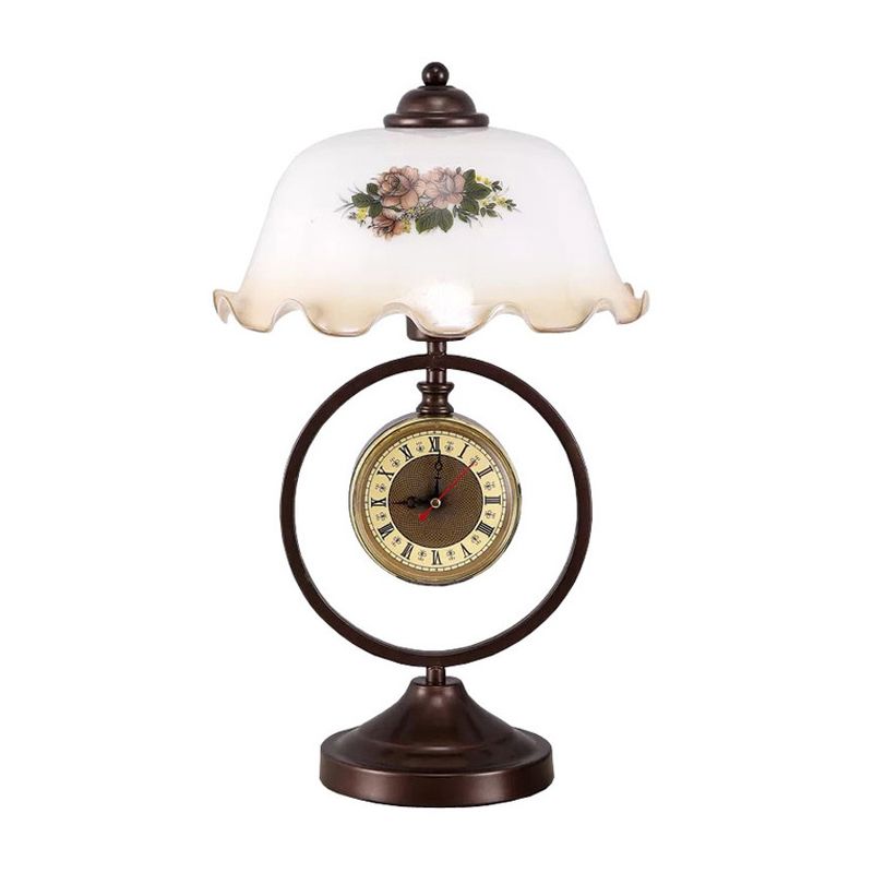 Rust 1 Head Pleated Table Light Vintage Opaline Glass Dome Reading Book Lamp with Ring and Clock