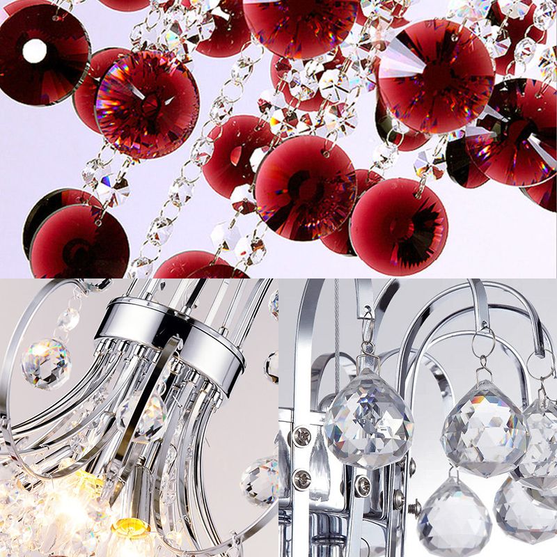 Chrome Finish Beaded Chandelier Lamp 4 Lights Modernism Burgundy Crystal Pendant Light for Bedroom