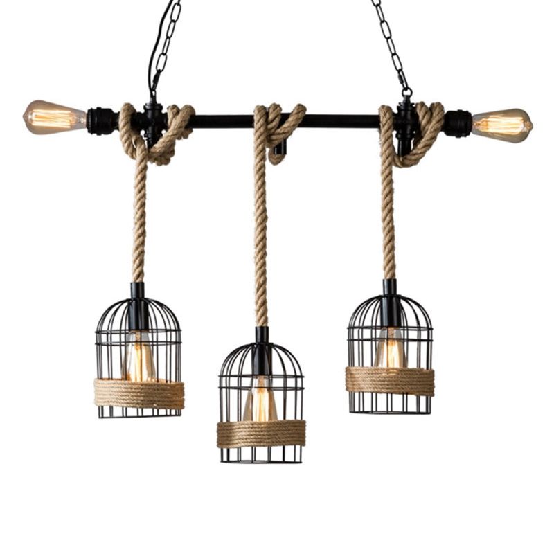 Birdcage Iron Pendant Licht Antiek restaurant Hanglicht met bungelend touw in zwart