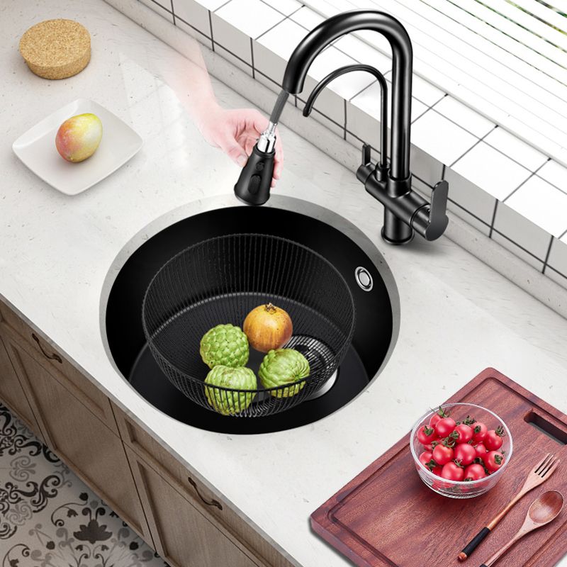 Black Quartz Kitchen Sink Round Single Bowl Sink with Basket Strainer