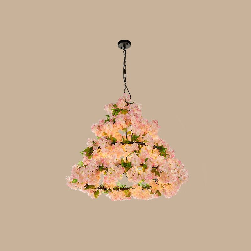 Iron Cone Cage Ceiling Lighting Industrial Restaurant Chandelier Light Fixture with Artificial Flower