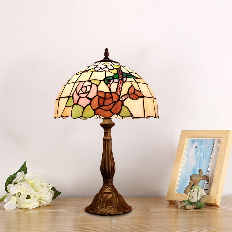 Bronze Domed Nightstand Lighting Victorian 1 Light Hand Cut Glass Night Light with Rose Pattern