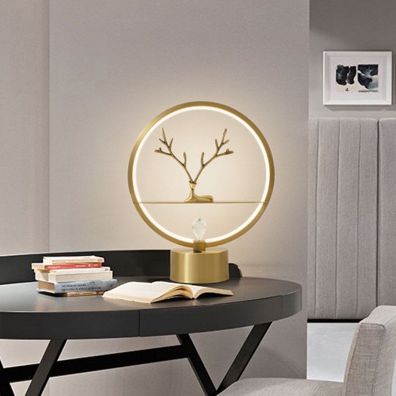 Circular Desk Light Nordic Style Metal LED Gold Night Table Lighting with Deer Design