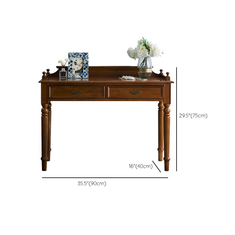 Traditional 2-Drawer Brown Solid Wood Dressing Table with Mirror Makeup Vanity Stool