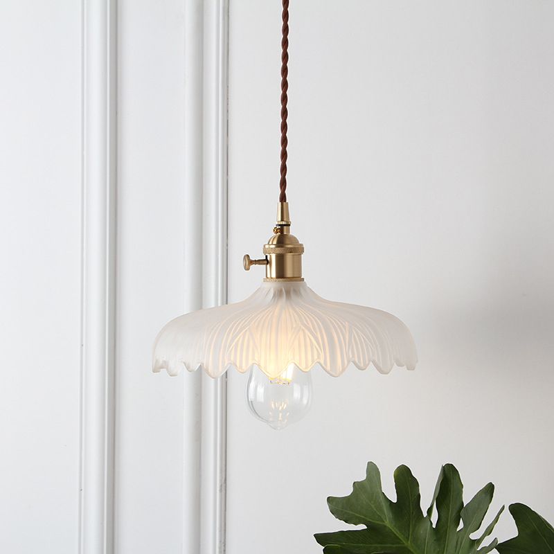 Loft Style Shaded Pendant Light Kit 1-Head Carved Glass Suspension Lighting in Brass