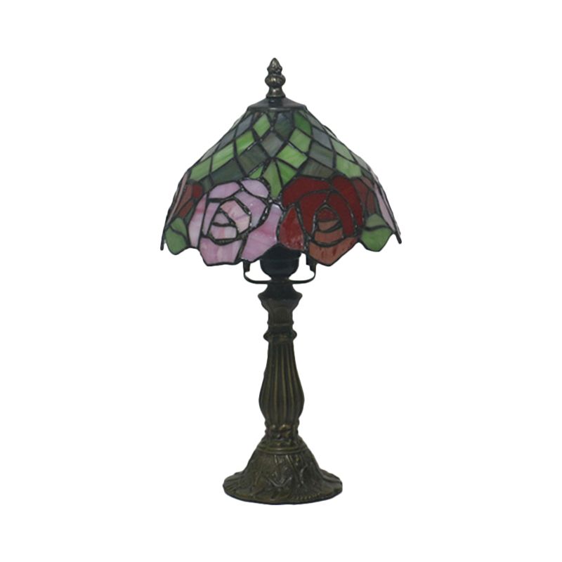 Dark Coffee 1 Bulb Table Lighting Mediterranean Stained Glass Bowl Night Light with Rose Pattern