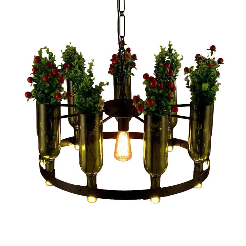 Iron Circular Chandelier Pendant Country Single Restaurant Suspension Lamp in Black with Glass Pot and Plant