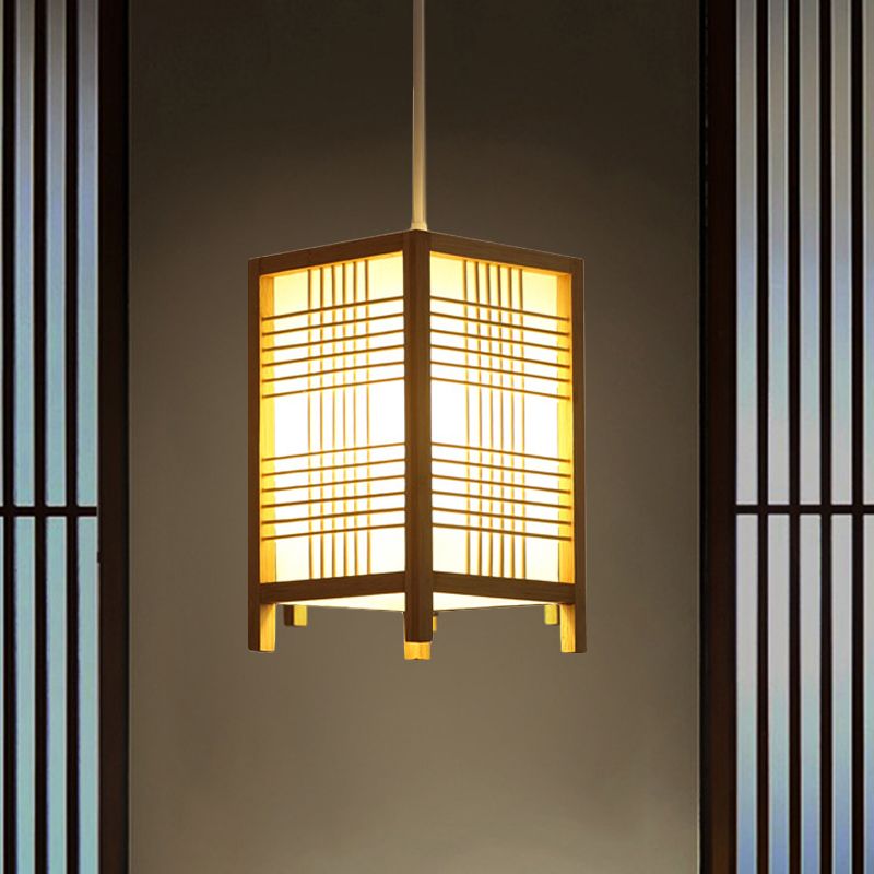 6"/8.5" Wide Wooden Square Hanging Lantern Light Japanese 1-Light Natural Wood Pendant Lamp for Foyer Dining Room