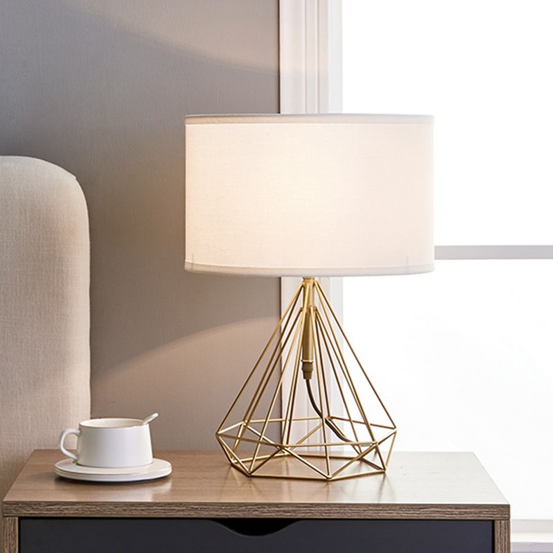 Diamond Cage Table Light Minimalist Metallic 1 Head Bedside White Fabric Desk Lamp in Gold