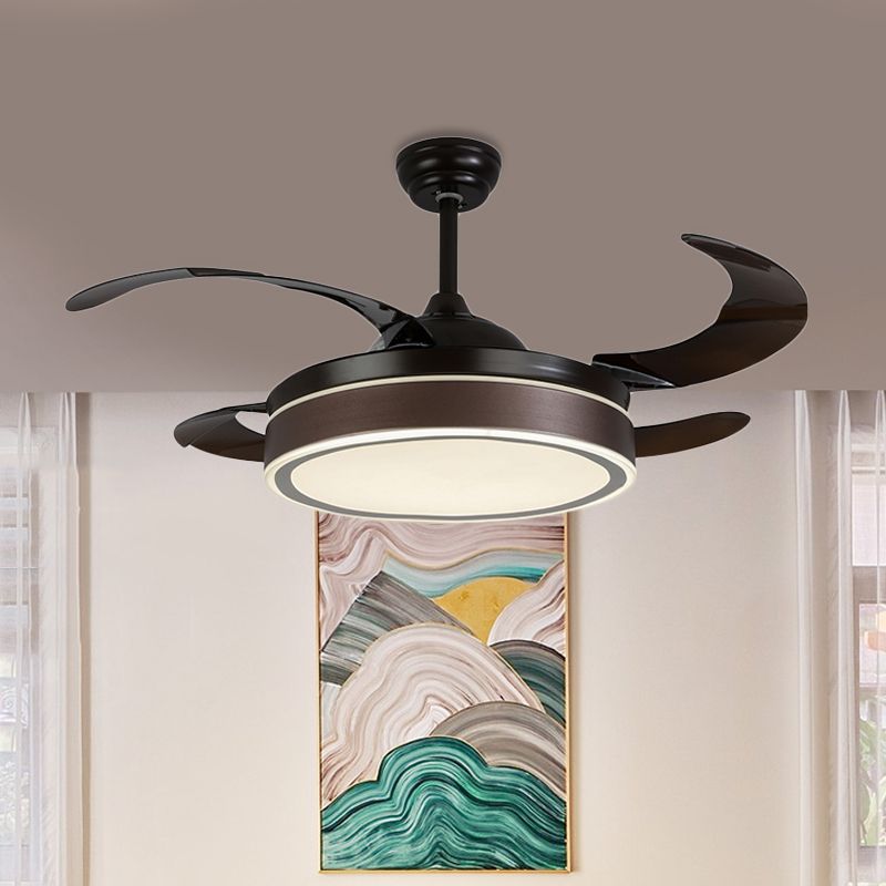 42" W LED Fan Lighting Simple Circular Acrylic Semi Flush Mount Ceiling Light in Coffee with 4 Brown Blades, Remote/Wall Control/Remote and Wall Control