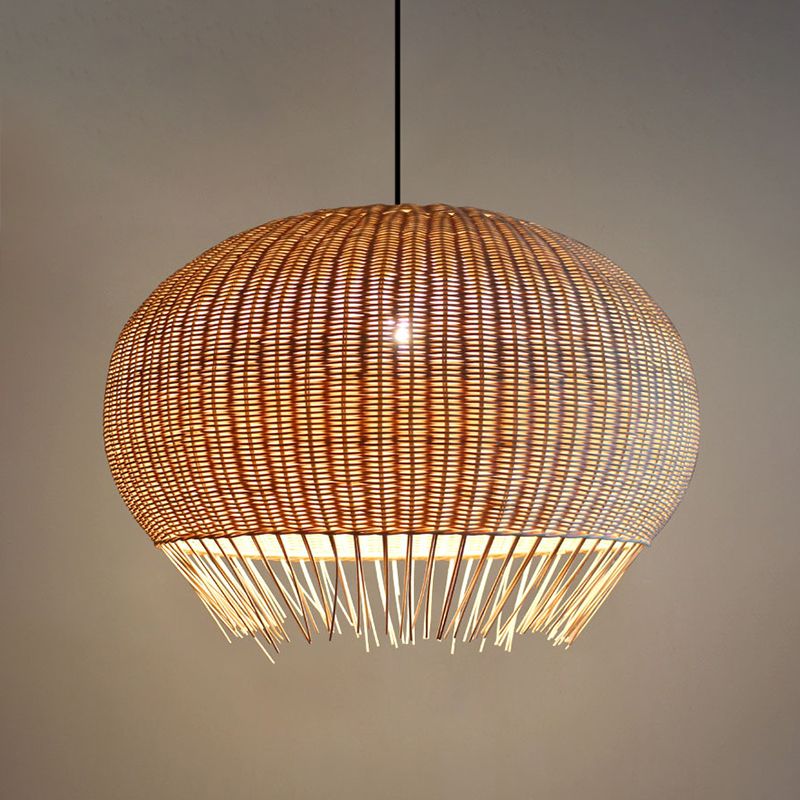 Sphere Dining Hall Hanging Pendant Bamboo 1 Bulb Asian Suspension Lighting with Fringe in Beige