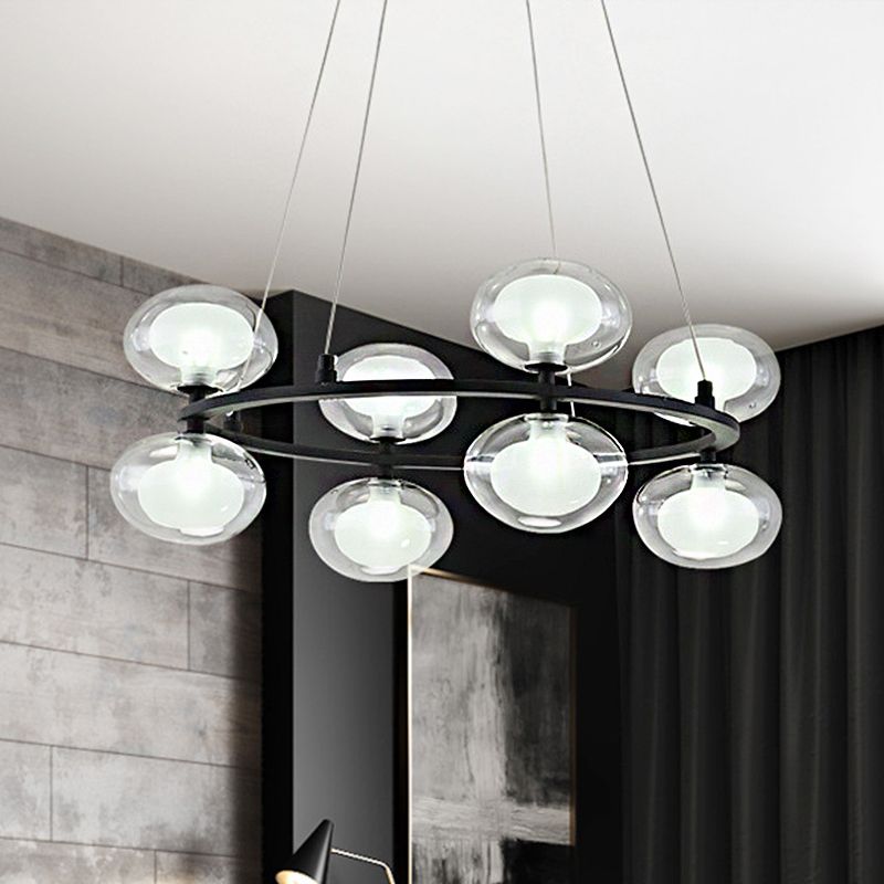 Metal Circular Chandelier Lamp Contemporary 8/12 Lights Black Led Hanging Pendant Light with Clear Glass Oval Shade