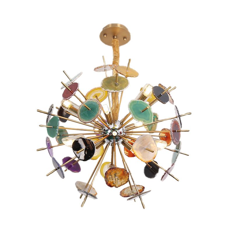 Art Deco Flower Shape Chandelier Lighting Agate 12 Lights Hanging Ceiling Light in Gold