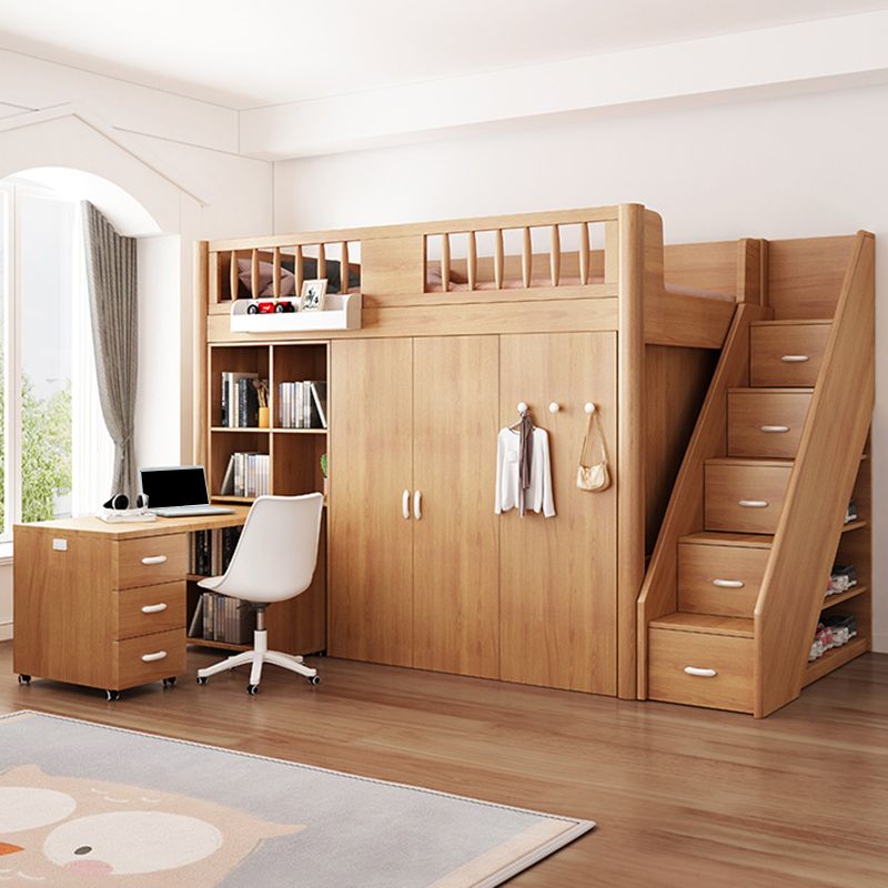 Scandinavian Wood High Loft Bed Natural Bunk Bed with Stairway and Storage