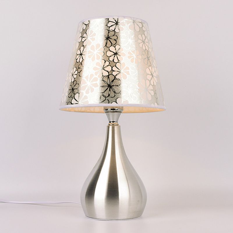 Tapered Table Light Modern Fabric Single Nickel Nightstand Lamp with Cloud/Geometric/Flower Pattern