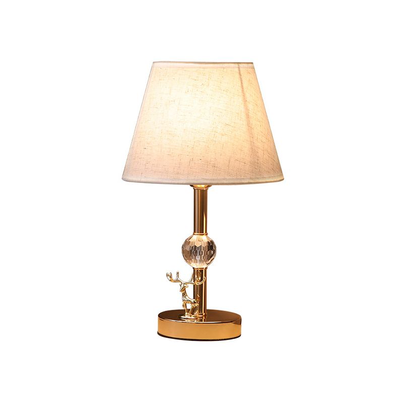 Minimalism Cone Table Light 1 Head Fabric Night Lamp in Gold with Crystal and Deer Decoration