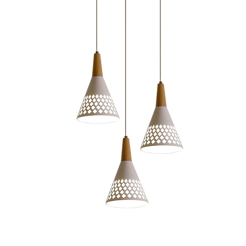 Iron Cone Cluster Pendant Light Modernist 3-Head Suspension Lamp with Hollow Out Grid Design in White and Wood