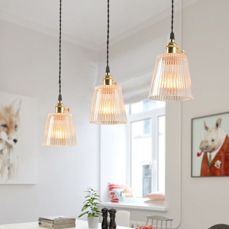 Tapered Clear Ribbed Glass Hanging Light Simplicity 1 Bulb Restaurant Pendant Light Fixture