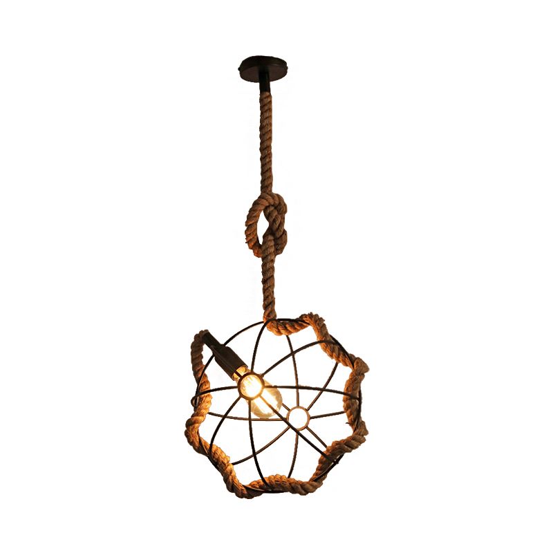 Beige 1 Light Pendant Lighting Industrial Metal and Rope Round Hanging Lamp for Dining Room