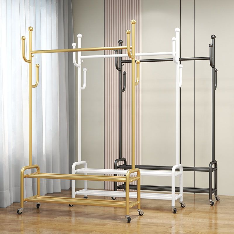 Elegant Metal Clothes Hanger Free Standing Double Storage Shelving Coat Rack with Castors