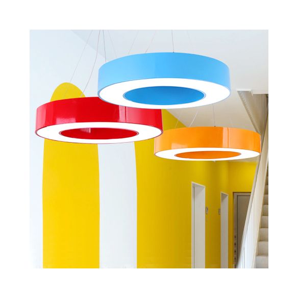 Integrated Led Drum Pendant Light Height Adjustable Metal Hanging Light for Play Room