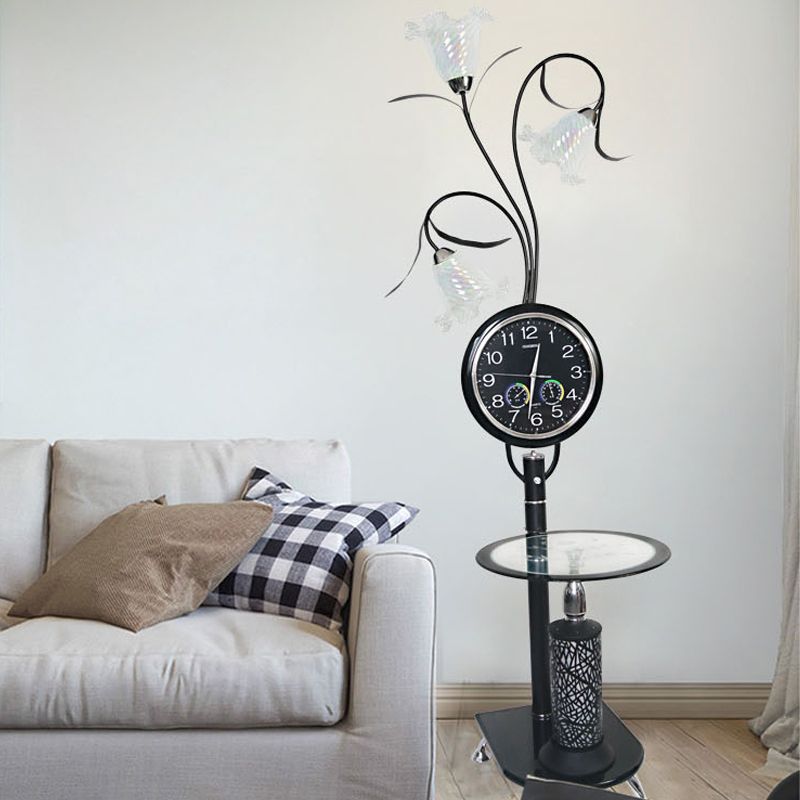 Crystal Black/White Floor Reading Lamp Floral Shade 3 Bulbs Countryside Style Standing Light with Clock Accent