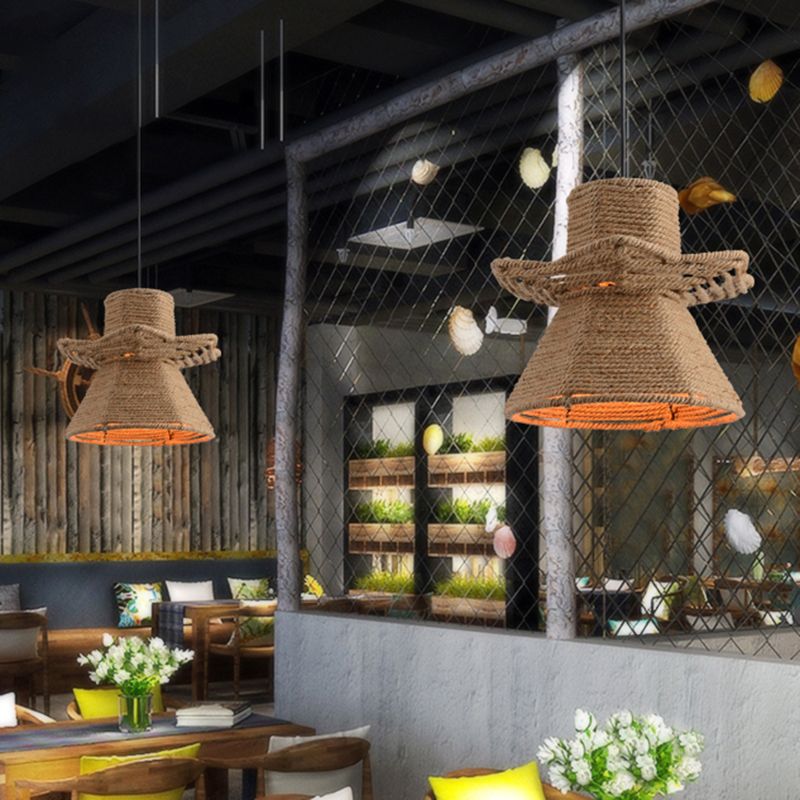 Beige 1-Head Ceiling Pendant Light Antiqued Rope Urn Shape Hanging Lamp Fixture for Restaurant