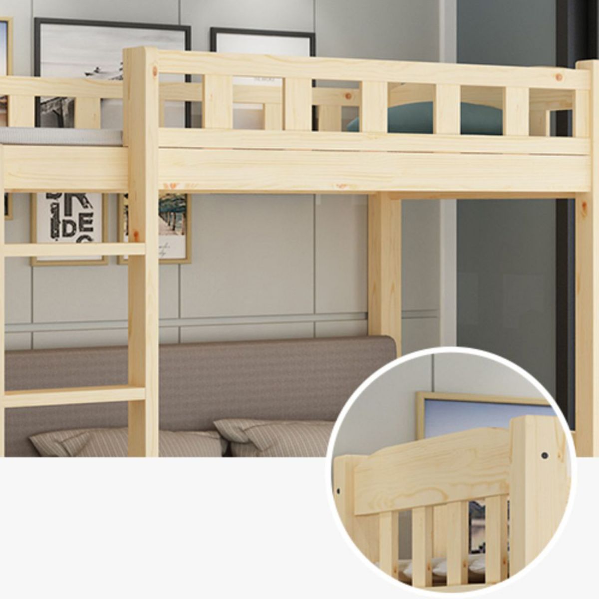 No Theme Scandinavian Kids Bed Solid Wood Loft Bed with Guardrail