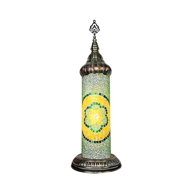 Cylinder Bedroom Table Lamp Traditional Stained Glass Yellow/Blue/Green LED Night Light