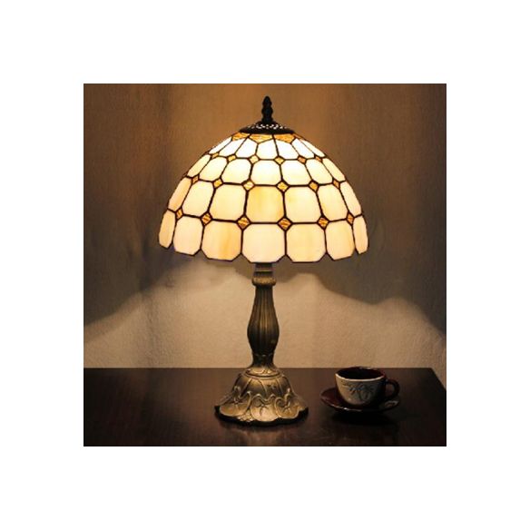 12"/8" Wide Lattice Bowl Office Desk Light with Bead Glass Single Light Tiffany Desk Lamp in White for Hotel