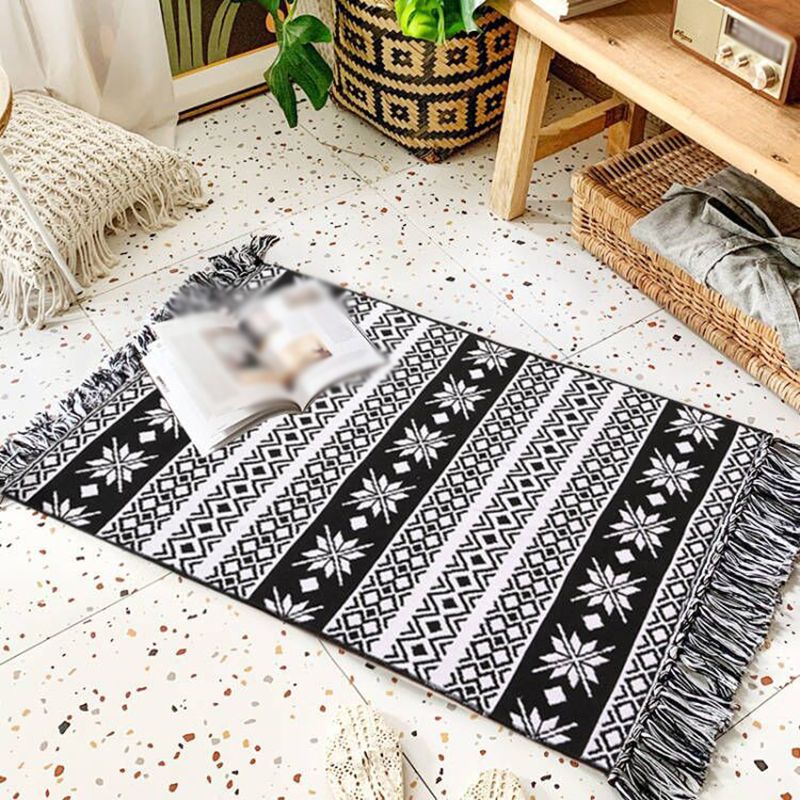 Bohemian Black Ameicana Pattern Rug Funky Cotton Blend Area Rug Fringe Carpet for Bedroom