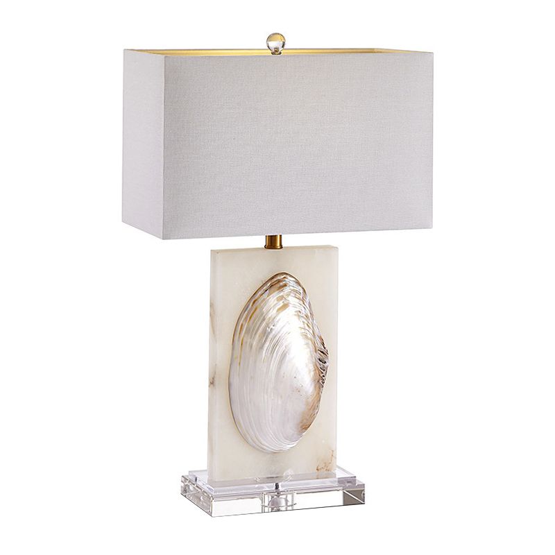 Rectangle Living Room Table Light French Country Fabric 1 Bulb White Nightstand Lamp with Shell Decoration