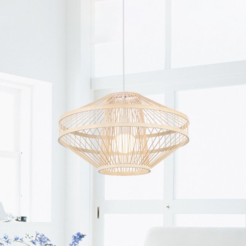 Flying Saucer Bamboo Ceiling Fixture Modernist Style 16"/19.5" Width 1 Bulb Wood Pendant Lamp for Restaurant