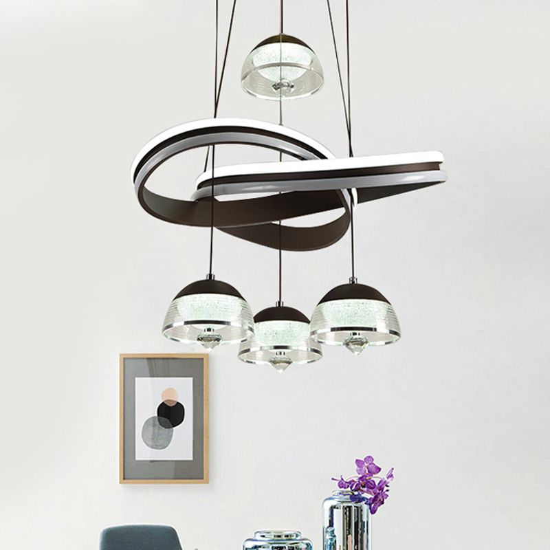 Domed Dining Room Cluster Pendant Acrylic 4 Heads Modernism LED Hanging Ceiling Light in Black with Strip Beam