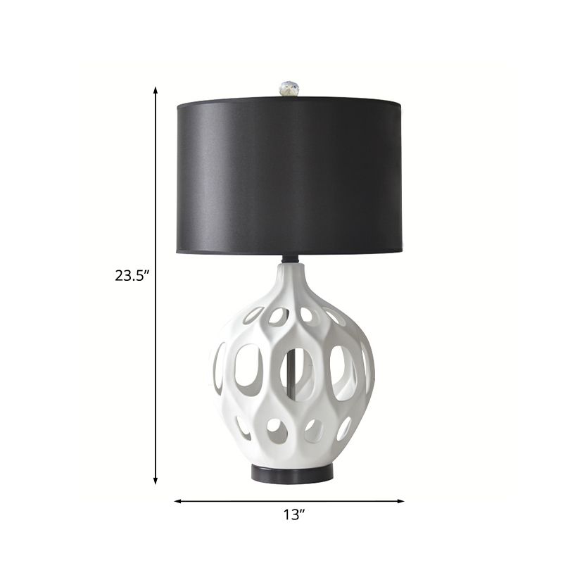 1-Bulb Drum Nightstand Lighting Traditional Black Finish Table Lamp with White Etched Jar Base