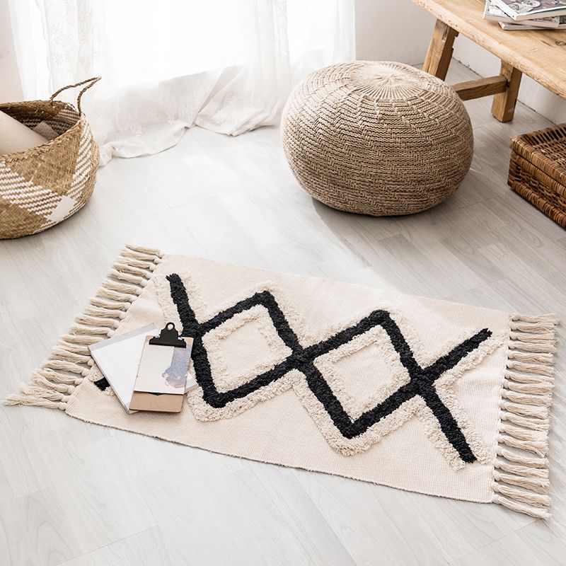 Western Geometric Print Rug Multicolored Jute Area Carpet Pet Friendly Stain-Resistant Indoor Rug with Tassel for Room