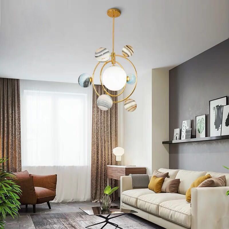 Planet Modeling Glass Ball Chandelier Lamp Nordic Style Multi-Lights Moon Suspension Lighting Fixture for Dining Room