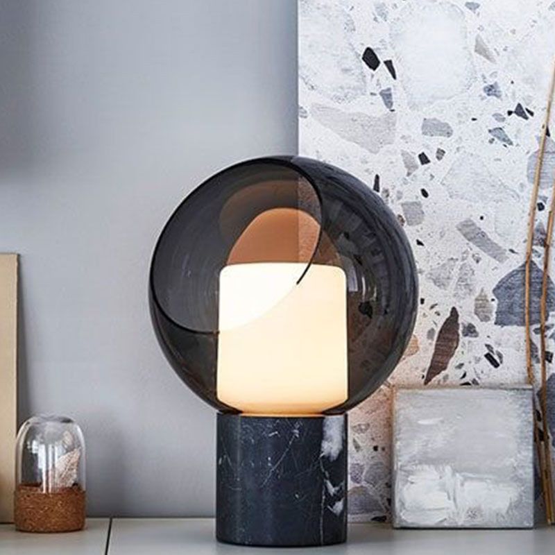 Smoke Grey Globe Glass Table Lamp Nordic Simplicity Double-layer Shade Nightstand Light with Cylindrical Marble Base