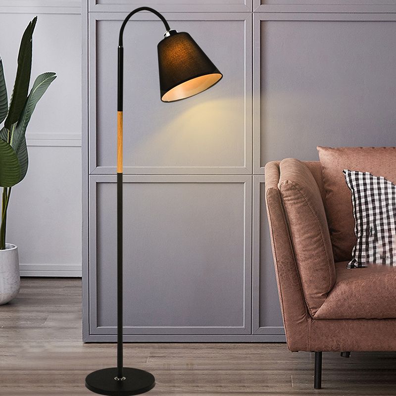 Nordic Single Floor Lamp Black/White and Wood Gooseneck Standing Light with Cone Fabric Shade