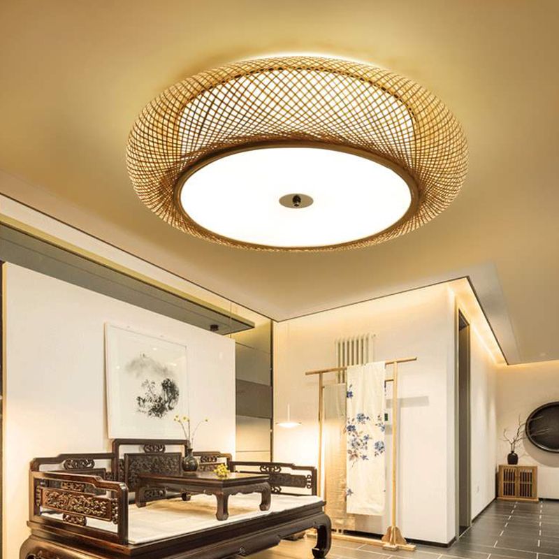 Drum Bamboo Flush Mount Lamp Asian Style Ceiling Lamp for Sitting Room