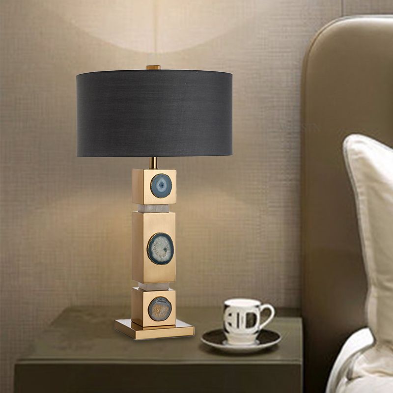 Modernism 1 Light Night Lamp Black Drum Metal Nightstand Lighting with Fabric Shade