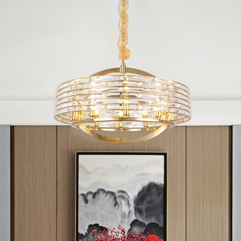 6 Heads Round Ceiling Chandelier Contemporary Crystal Hanging Light Fixture in Brass