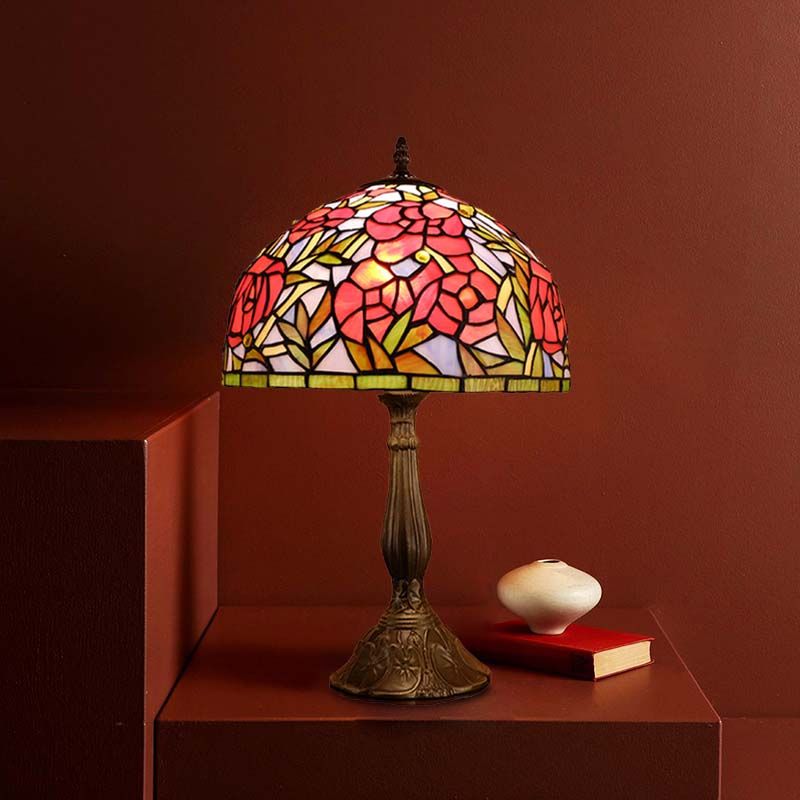 Red/Orange Bowl Table Lighting Tiffany 1 Light Stained Art Glass Rose Patterned Night Lamp for Bedroom