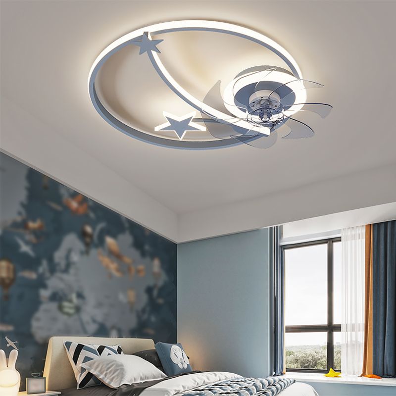 Cartoon Moon and Star Ceiling Fan Lamp Metallic Baby Room LED Semi Flush Mount Light