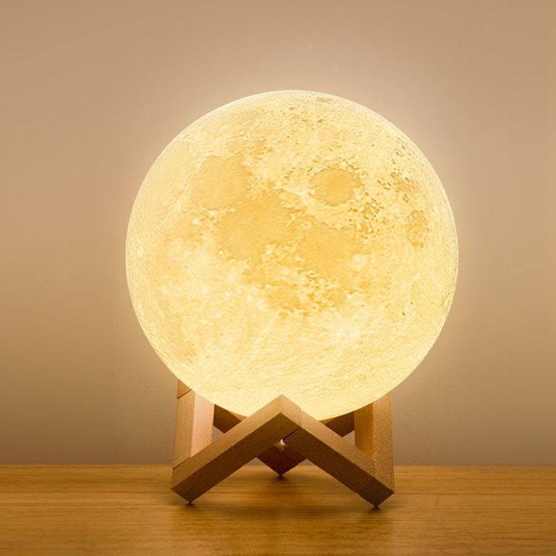 Plastic 3D Moon Globe Table Light Nordic White LED Nightstand Lamp with Wooden Bracket