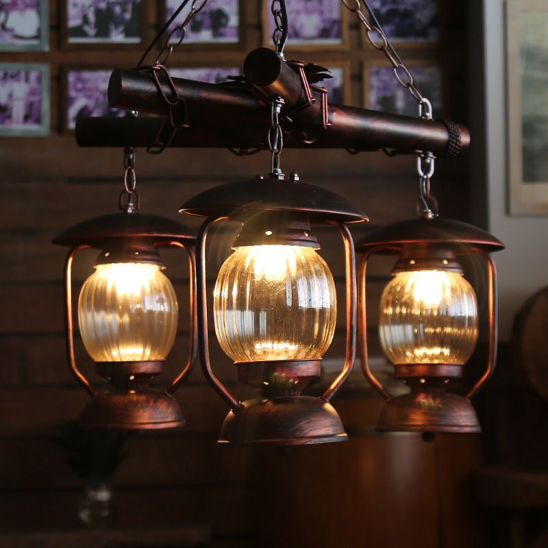 Red Brown 3 Lights Chandelier Light Fixture Antique Kerosene Pendant Lighting for Dining Room