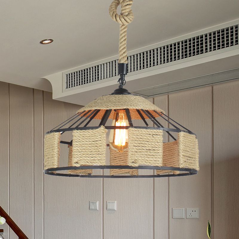 Rope Beige Hanging Light Kit Mongolian Yurts Shaped 1-Bulb 12"/16"/19.5" W Farmhouse Pendant Ceiling Lamp with Knots Cord