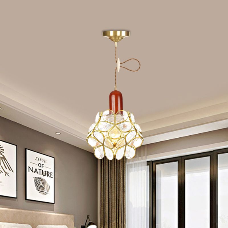 Flower Clear Water Glass Pendant Traditional 1 Bulb Bedroom Ceiling Suspension Lamp in Gold with Wood Top